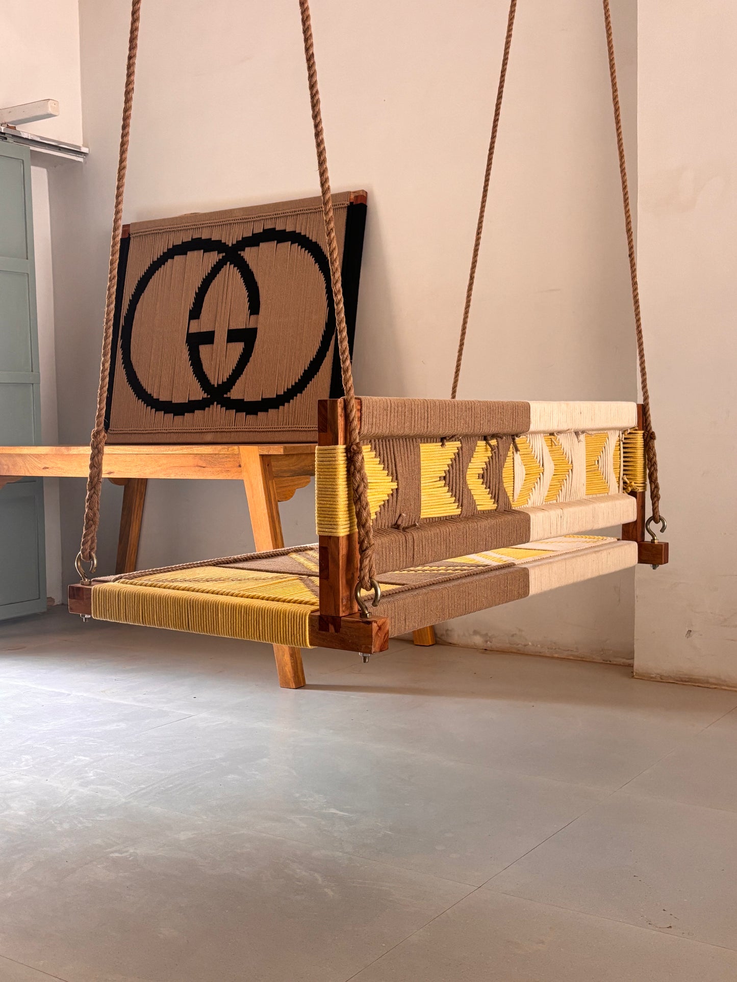 Woven Swing with Backrest - Yellow Beige White
